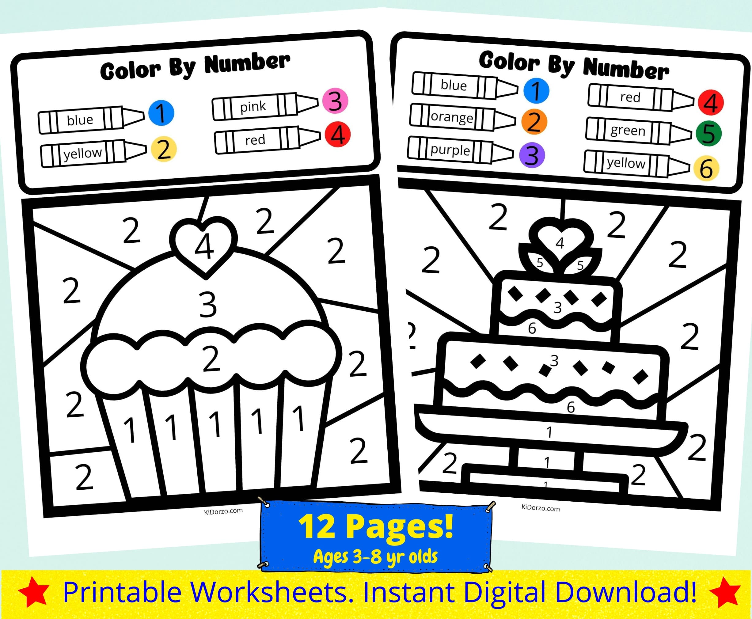 Color by number food theme printable coloring pages for kids