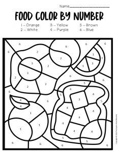 Free printable color by number food preschool worksheets preschool worksheets activity pages for kids free printables printables free kids