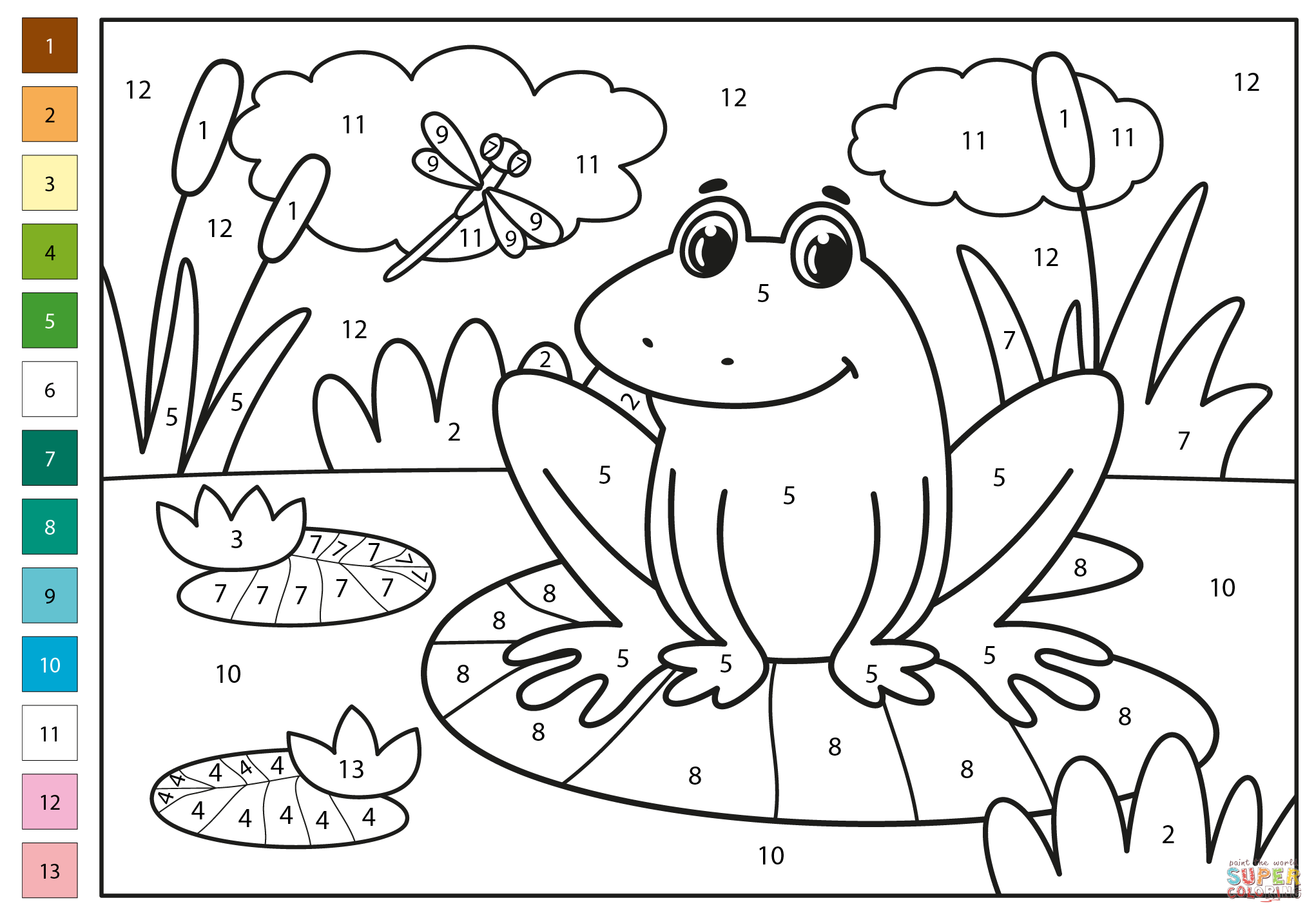 Frog color by number free printable coloring pages