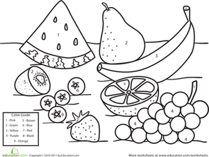 Color by number fruit worksheet education kindergarten worksheets free printables free kindergarten worksheets preschool worksheets free printables