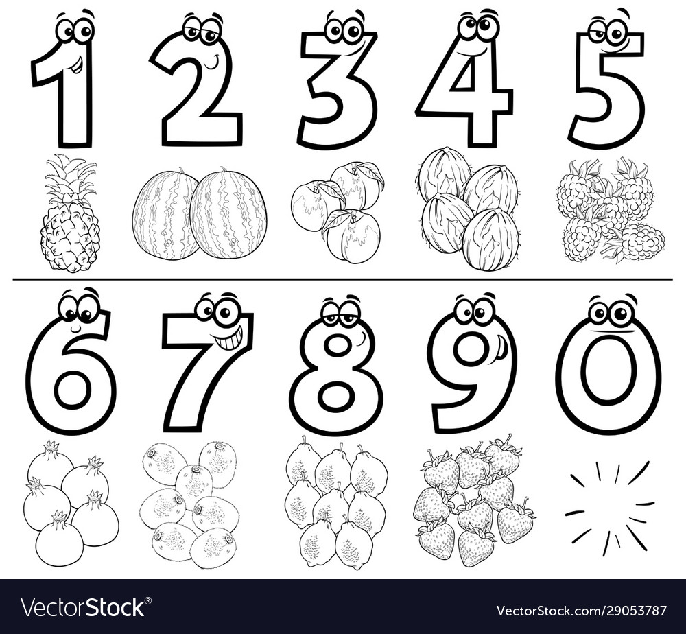 Cartoon numbers set coloring book page with fruits