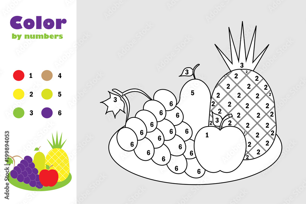 Fruit on the plate in cartoon style color by number education paper game for the development of children coloring page kids preschool activity printable worksheet vector illustration vector