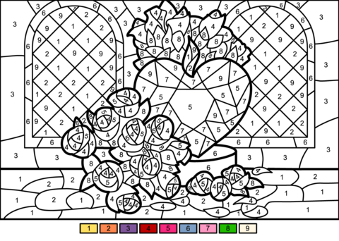 Roses and heart color by number free printable coloring pages