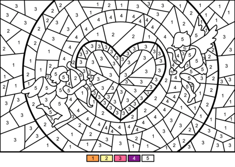 Cupids and heart color by number free printable coloring pages