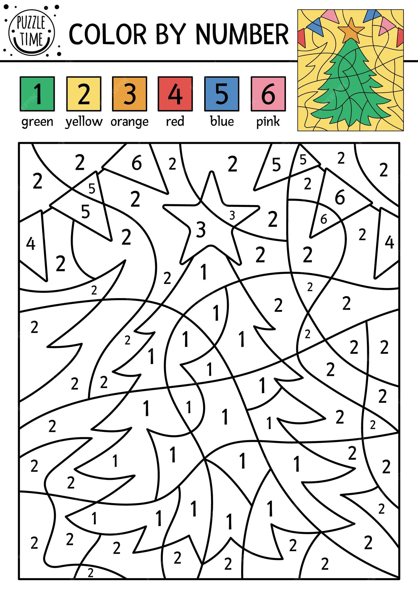 Premium vector vector christmas color by number activity with fir tree star colored flags winter holiday counting game funny new year coloring page for kids xa