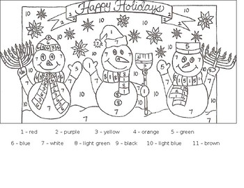 Happy holidays color by numbers snowmen coloring sheet by sra madame