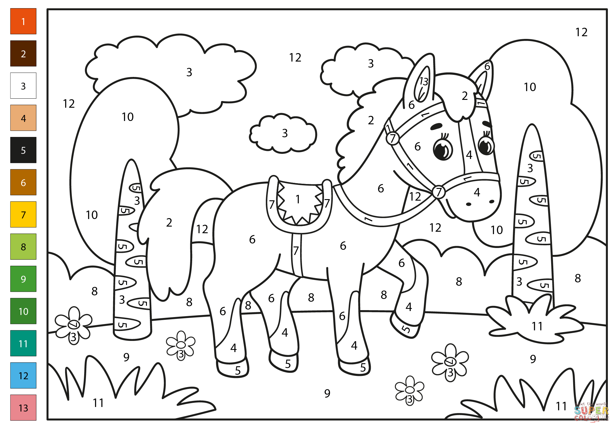 Horse color by number free printable coloring pages