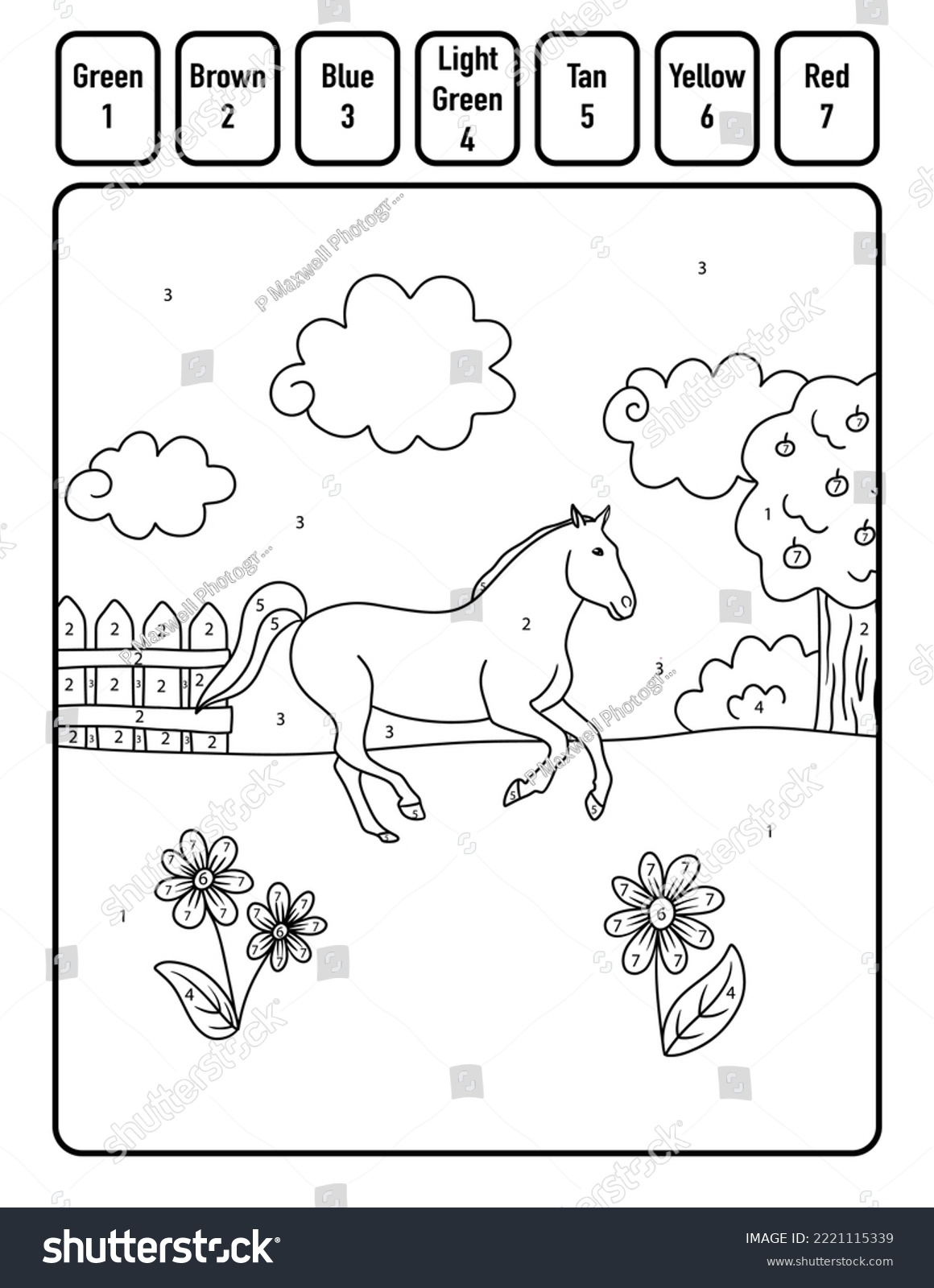 Horse color by number coloring activity stock illustration