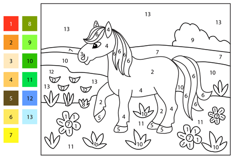 Horse color by number free printable coloring pages