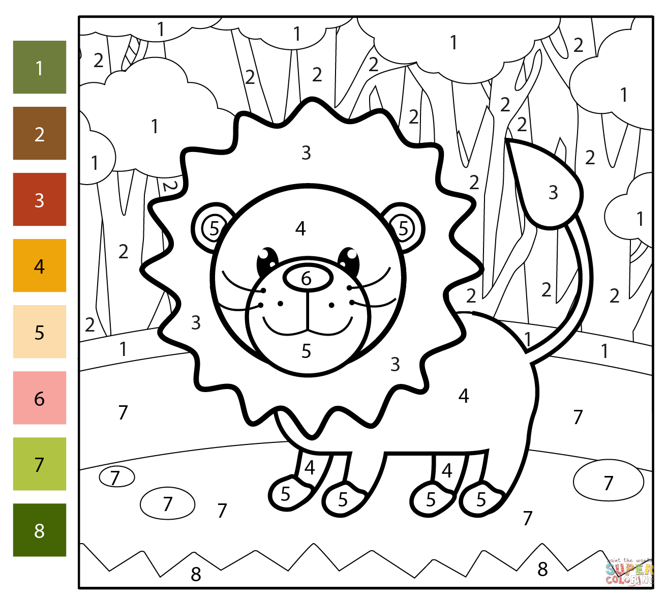 Lion color by number free printable coloring pages