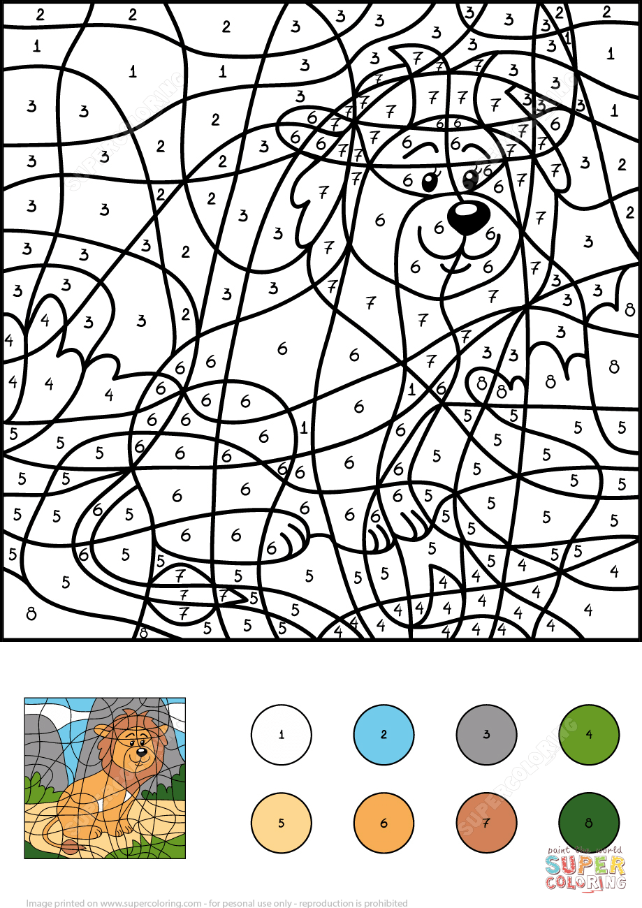 Lion color by number free printable coloring pages