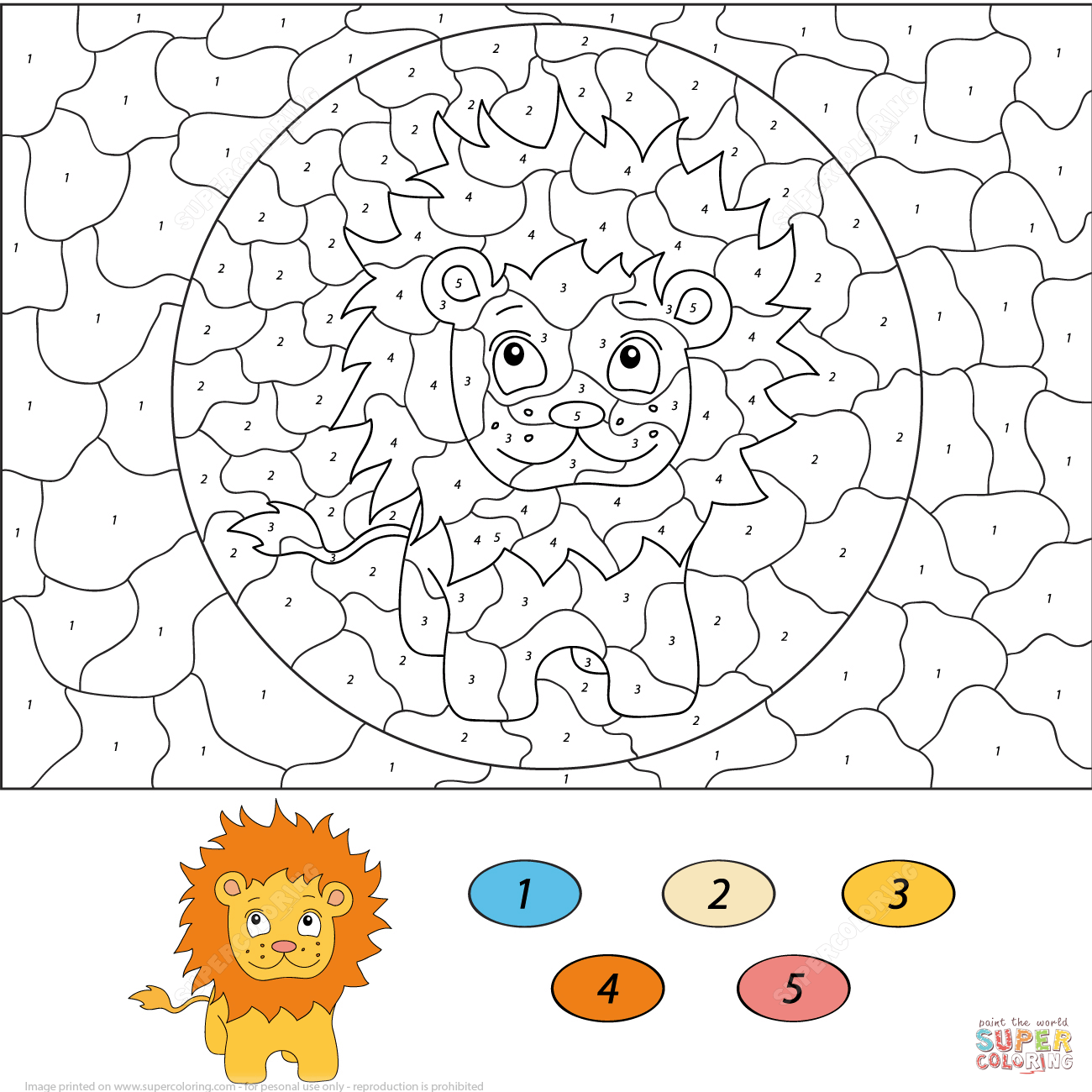 Cartoon lion color by number free printable coloring pages