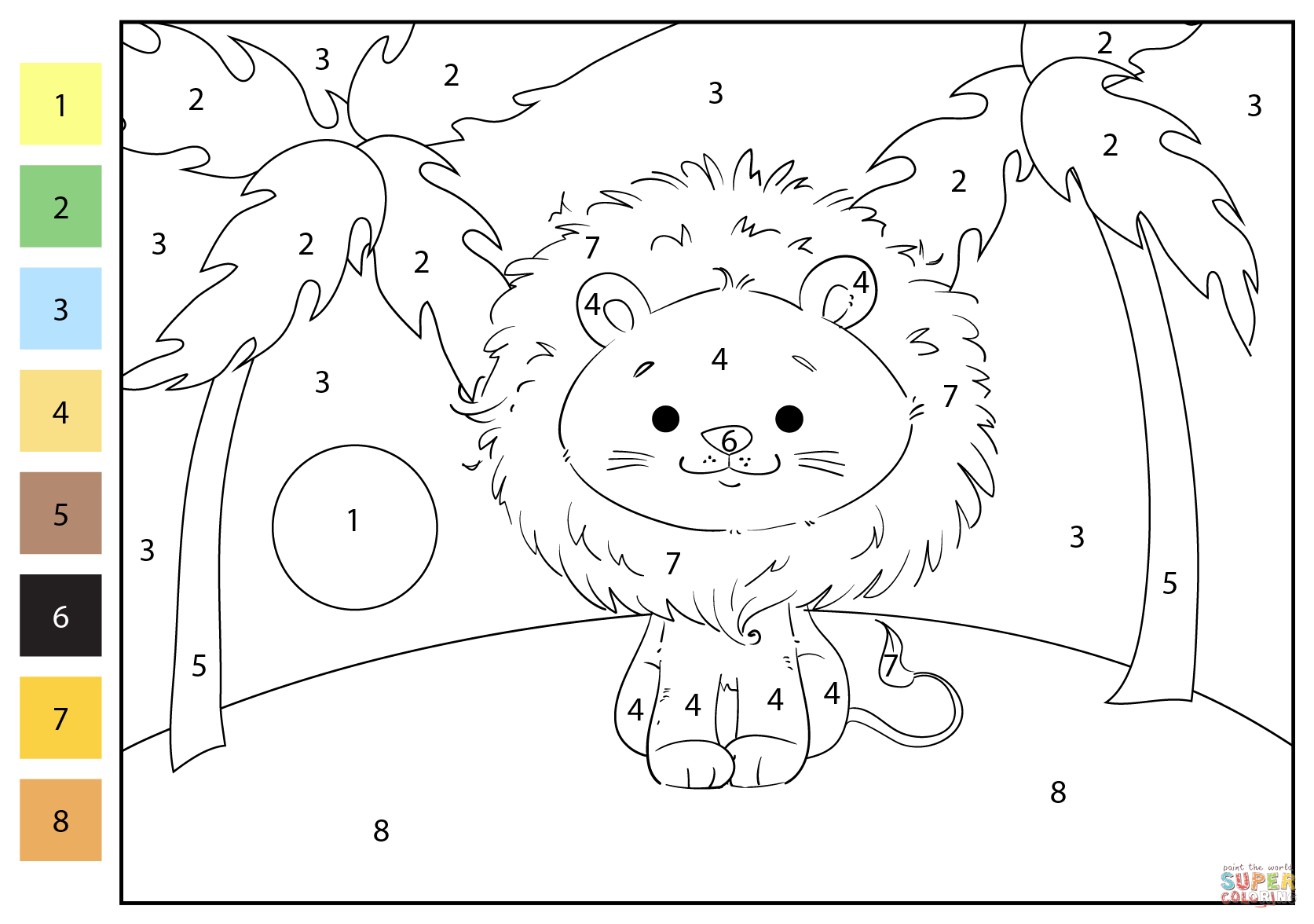 Lion color by number free printable coloring pages