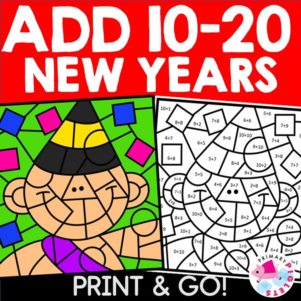 New years math coloring pages addition sums to color by number code sheets made by teachers