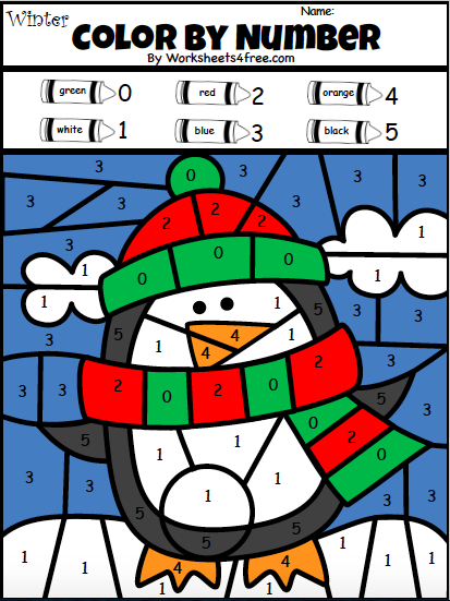 Free color by numbers winter penguin worksheet