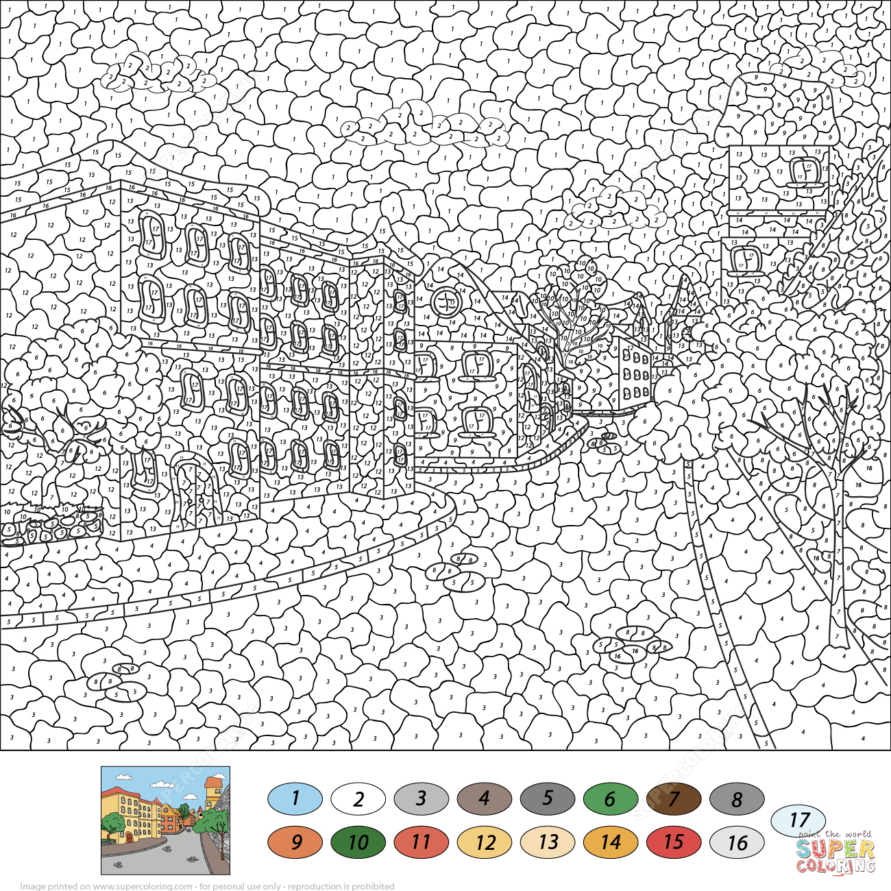 Old town street color by number free printable coloring pages