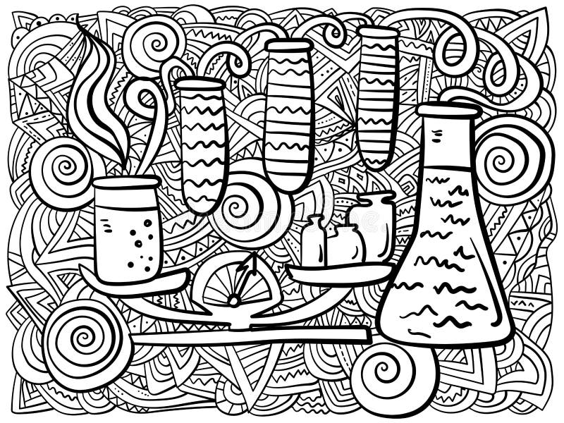 Creative coloring page about science scales and measured laboratory glassware with fantasy patterns for children and adults stock vector