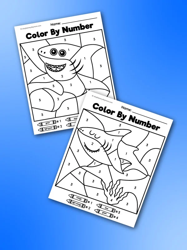 Shark color by number printables for kids