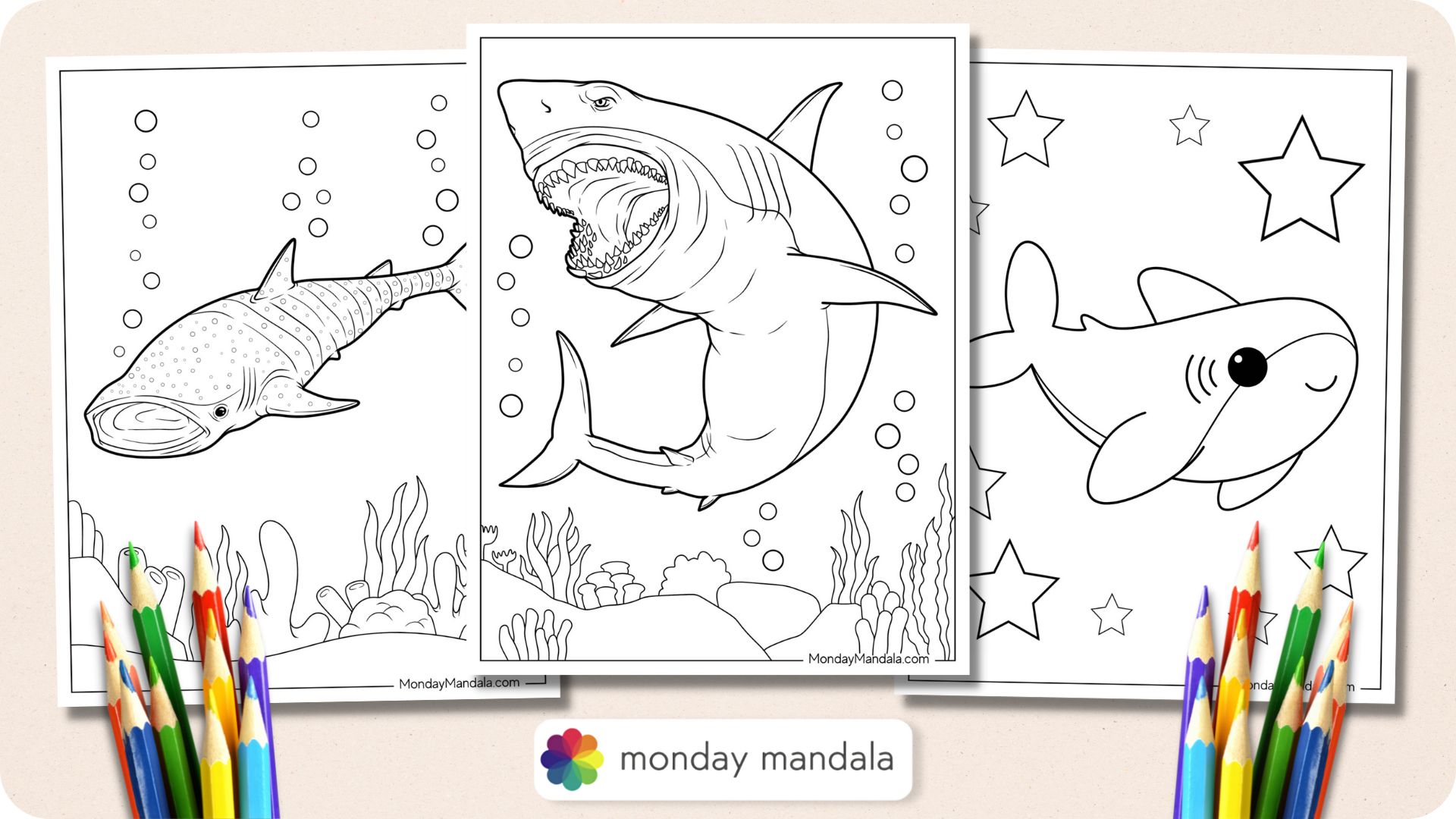 Shark coloring pages free pdf printables