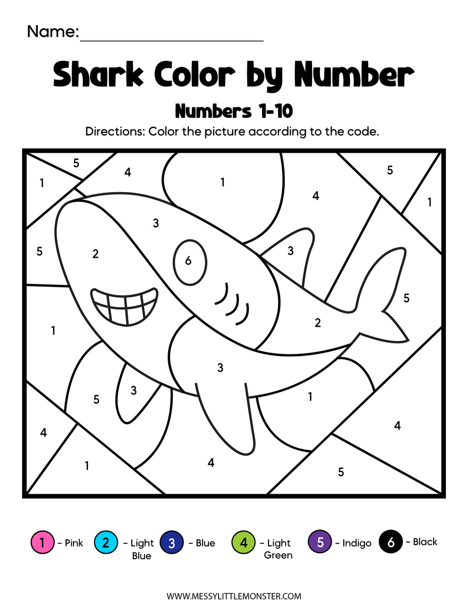 Shark color by number sheets â messy little monster shop