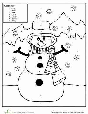 Snowman color by number worksheet education printables free kids winter printables free christmas coloring pages