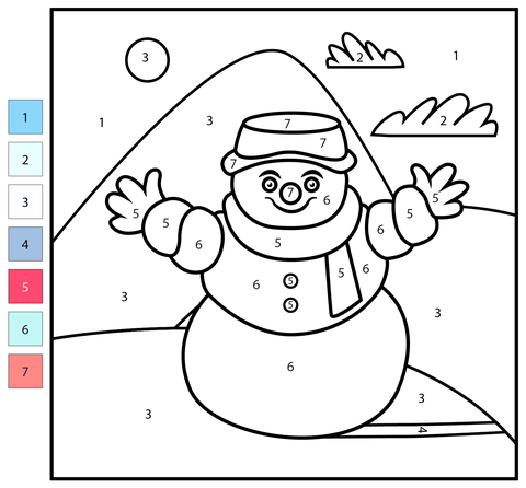 Snowman color by number coloring page free printable coloring pages