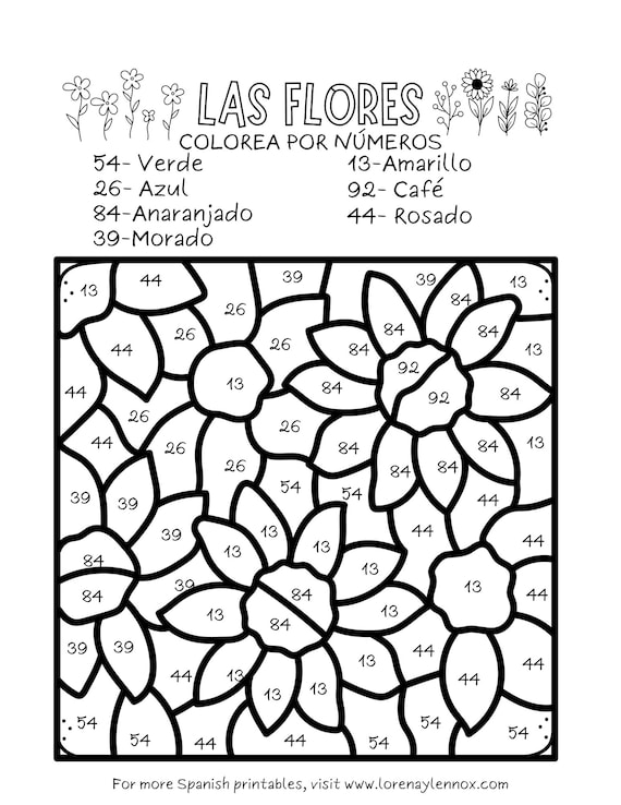 Flower color by number coloring pages in spanish