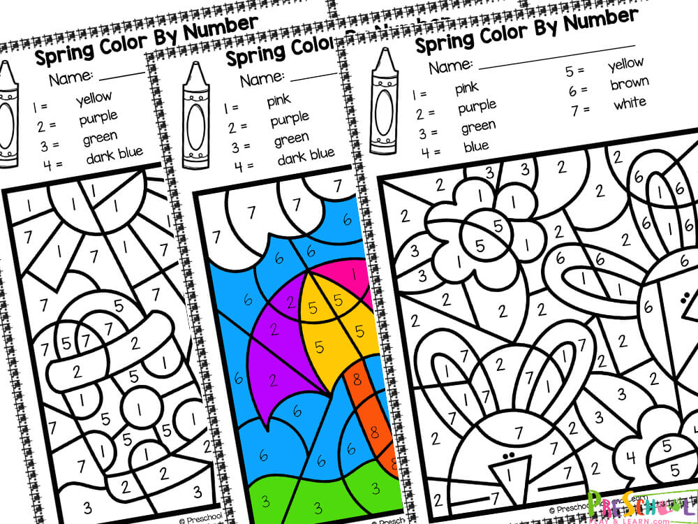 Free spring color by number printable worksheets for preschoolers
