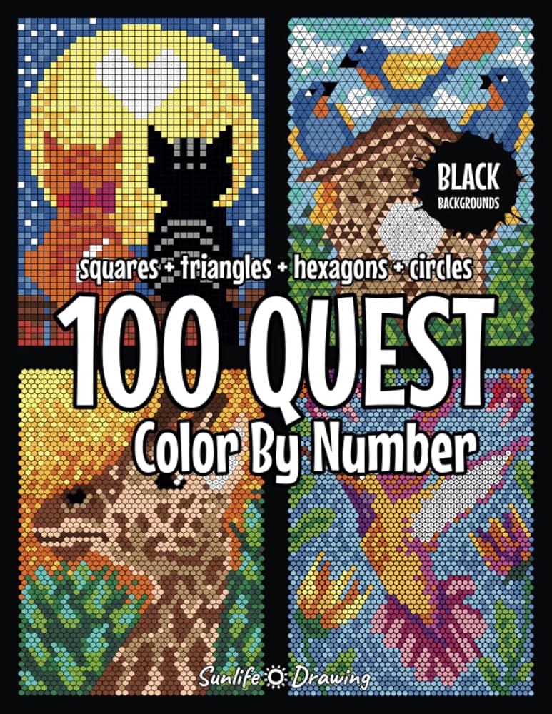 Quest color by number squares triangles hexagons circles black backgrounds color quest activity book for adults drawing sunlife books