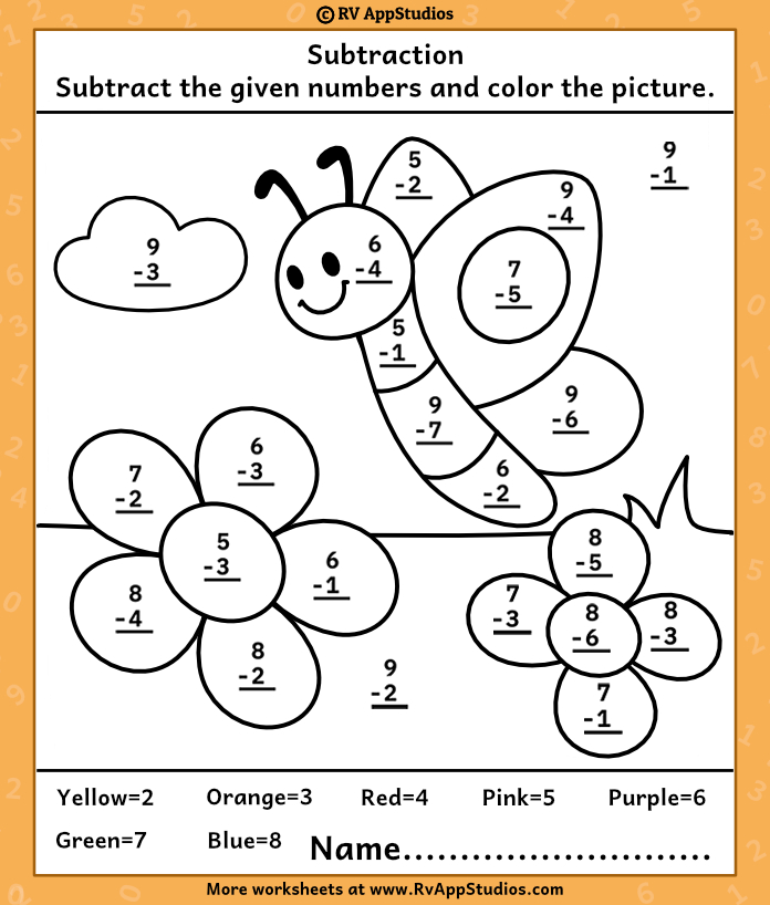 Color by subtraction free printable worksheets for kids