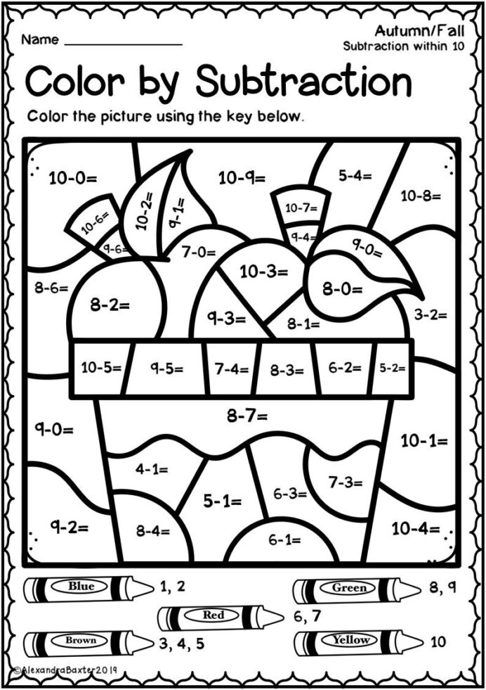 Subtraction color by number worksheets