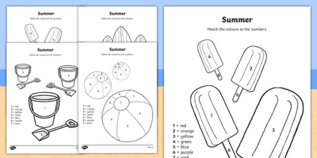 Summer lour by number printable worksheets