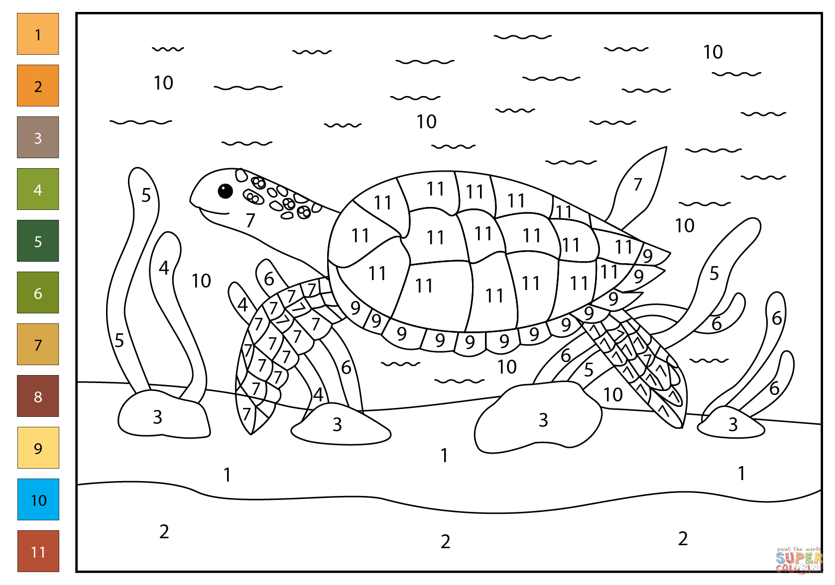 Turtle color by number free printable coloring pages