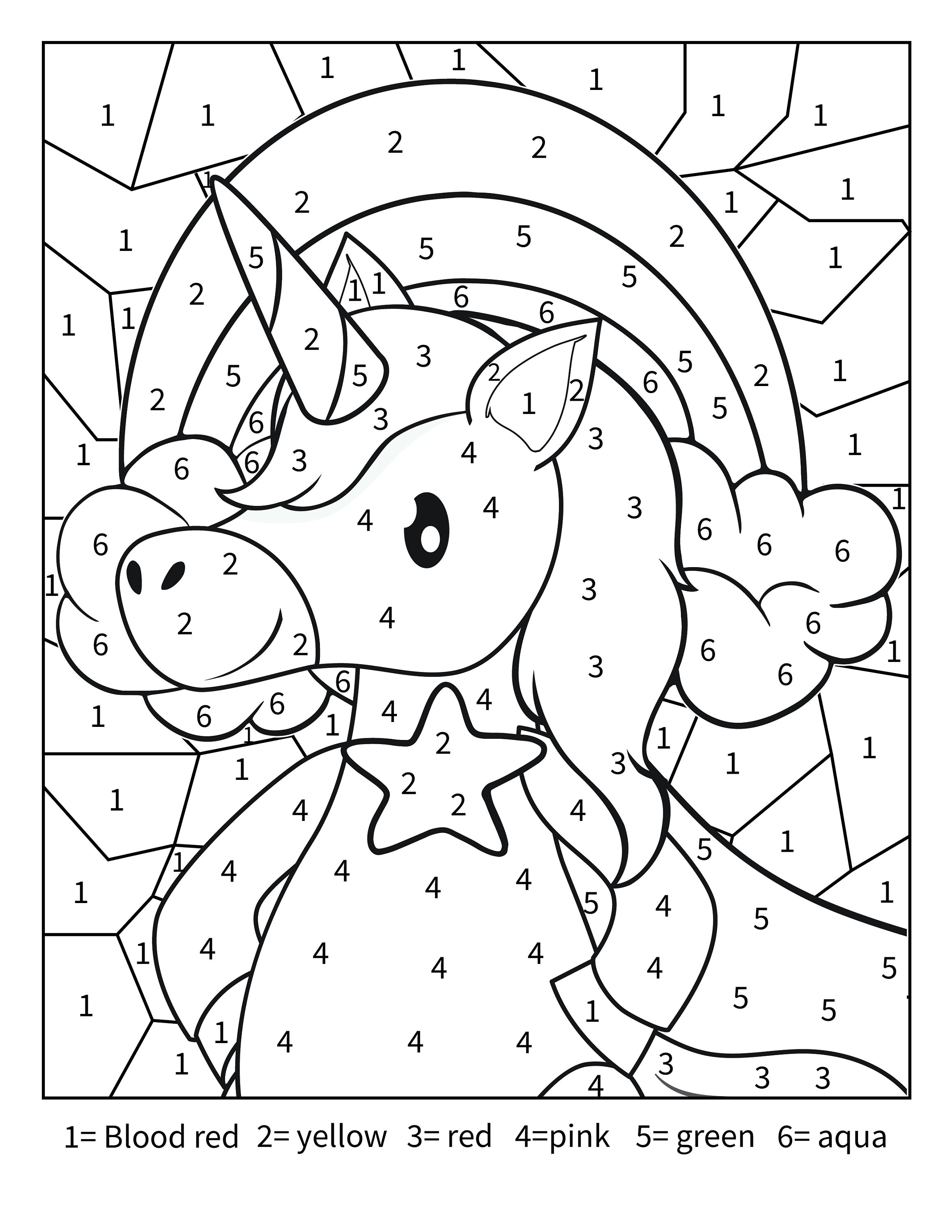 Printable unicorn color by number activity page for toddlers kids and adults