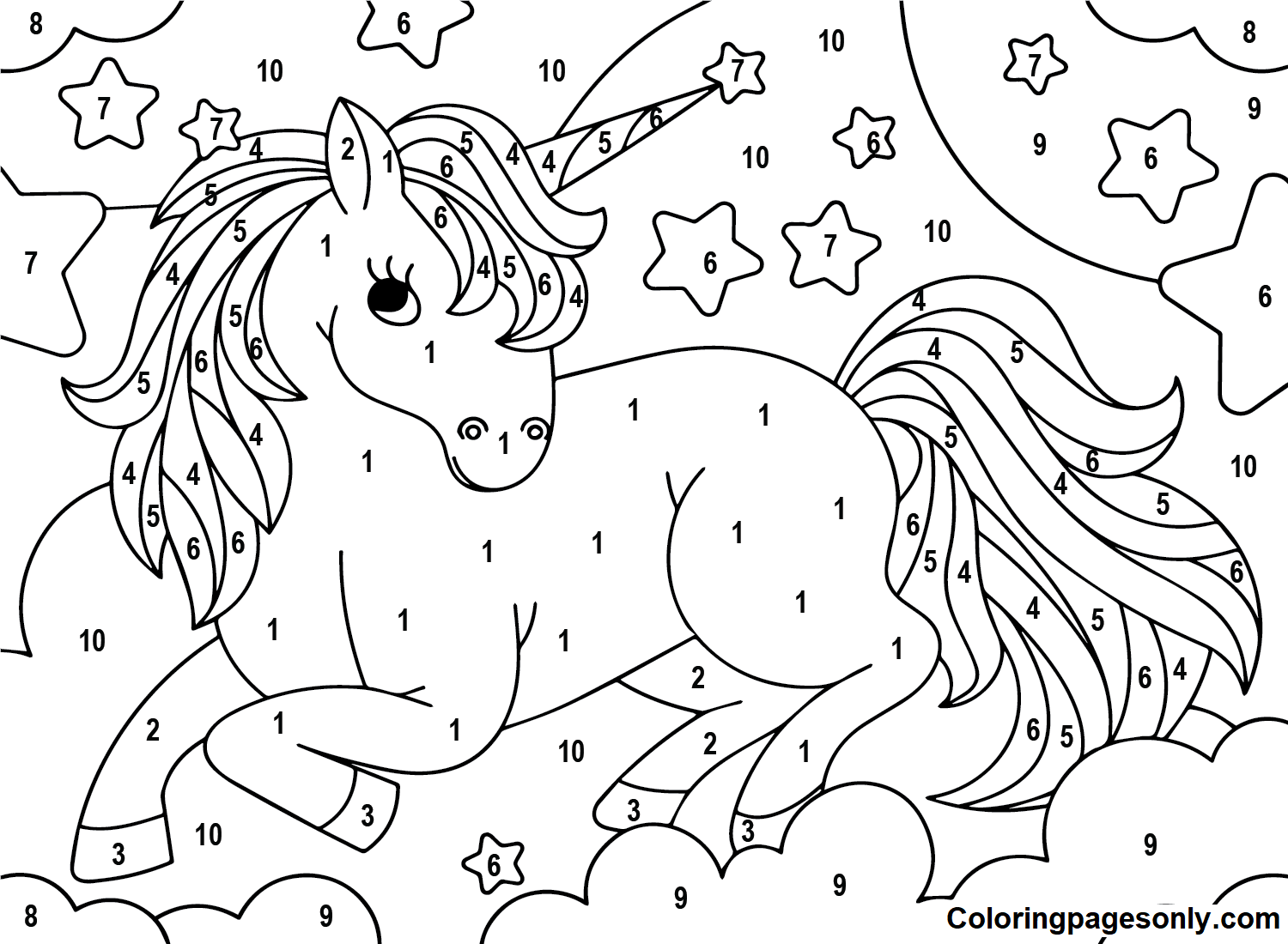 Unicorn color by number coloring pages printable for free download