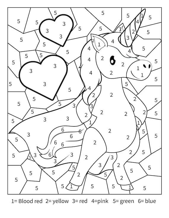 Printable unicorn color by number activity page for toddlers kids and adults