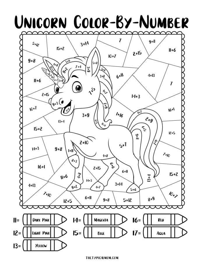 Unicorn color by number printables