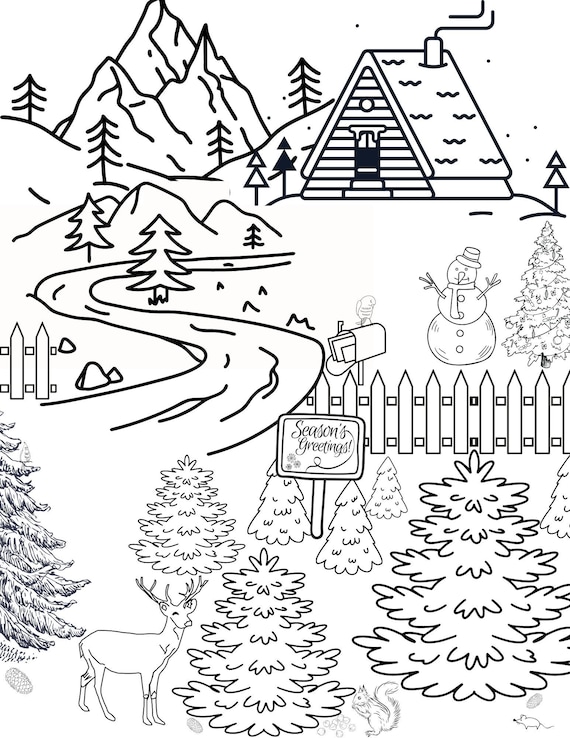 Winter scene coloring page adult fun christmas holiday deer cabin snow trees mountains snowman