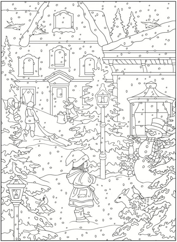 Winter scene coloring pages â