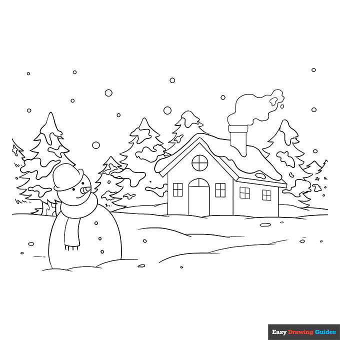 Winter scenery coloring page easy drawing guides