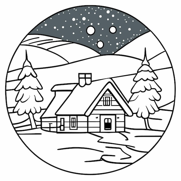 Premium vector a coloring book winter scene with a snowy landscape and a forest with a mountain in the background