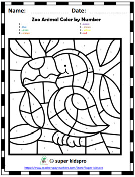 Zoo animals color by number worksheets for kindergarten by super kidspro