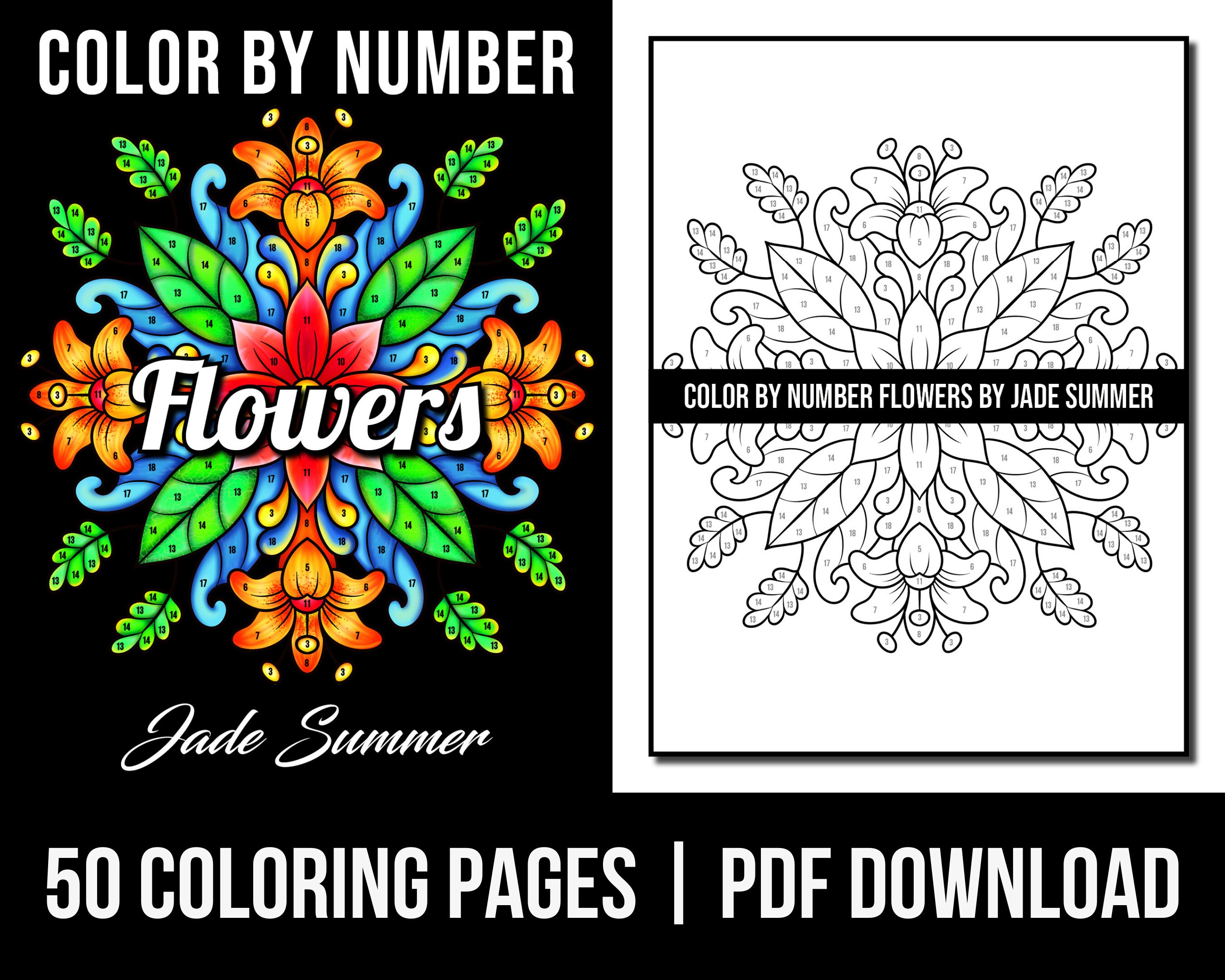 Color by number coloring pages flowers adult coloring book by jade summer digital coloring pages printable pdf download