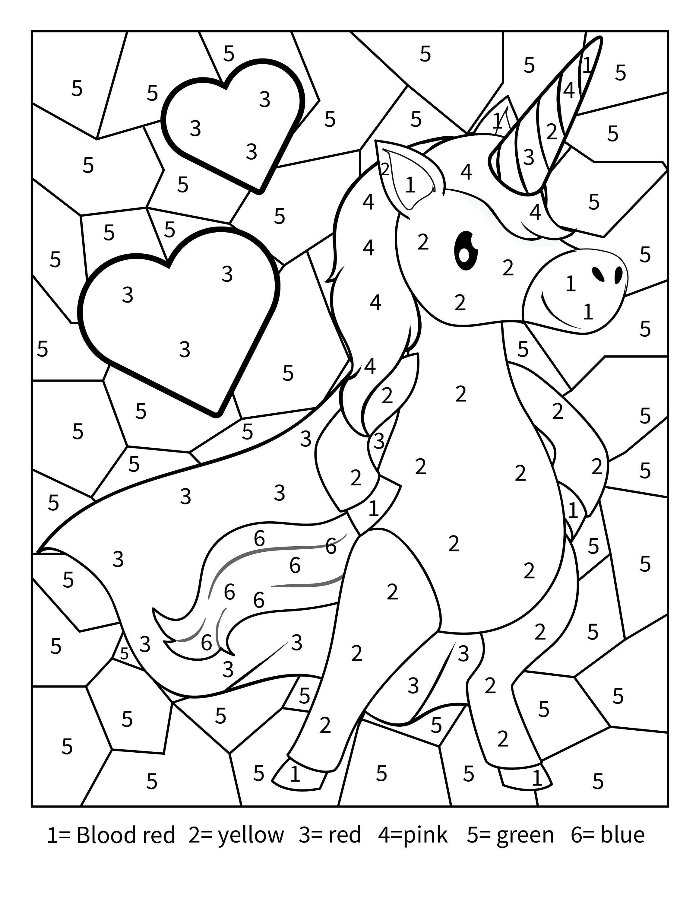 Printable unicorn color by number activity page for toddlers kids and adults