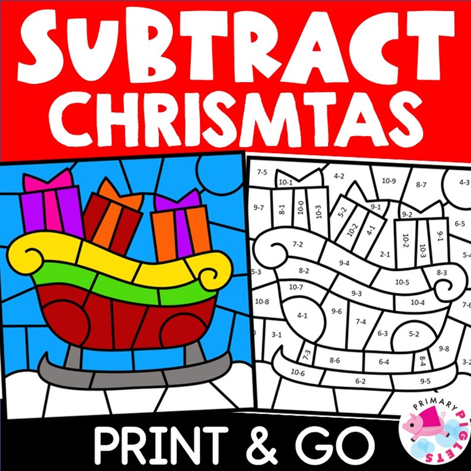 Christmas color by number code subtraction facts math coloring worksheets made by teachers