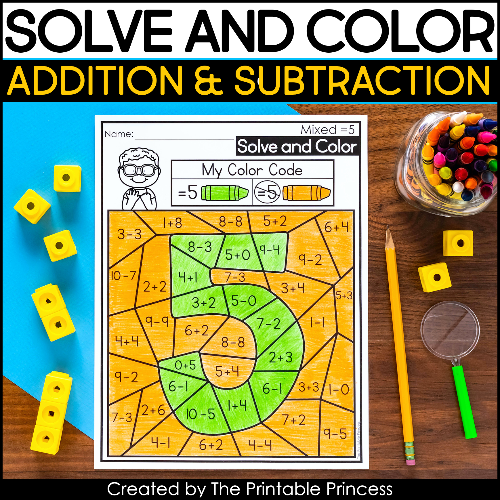 Solve and color addition and subtraction coloring pages