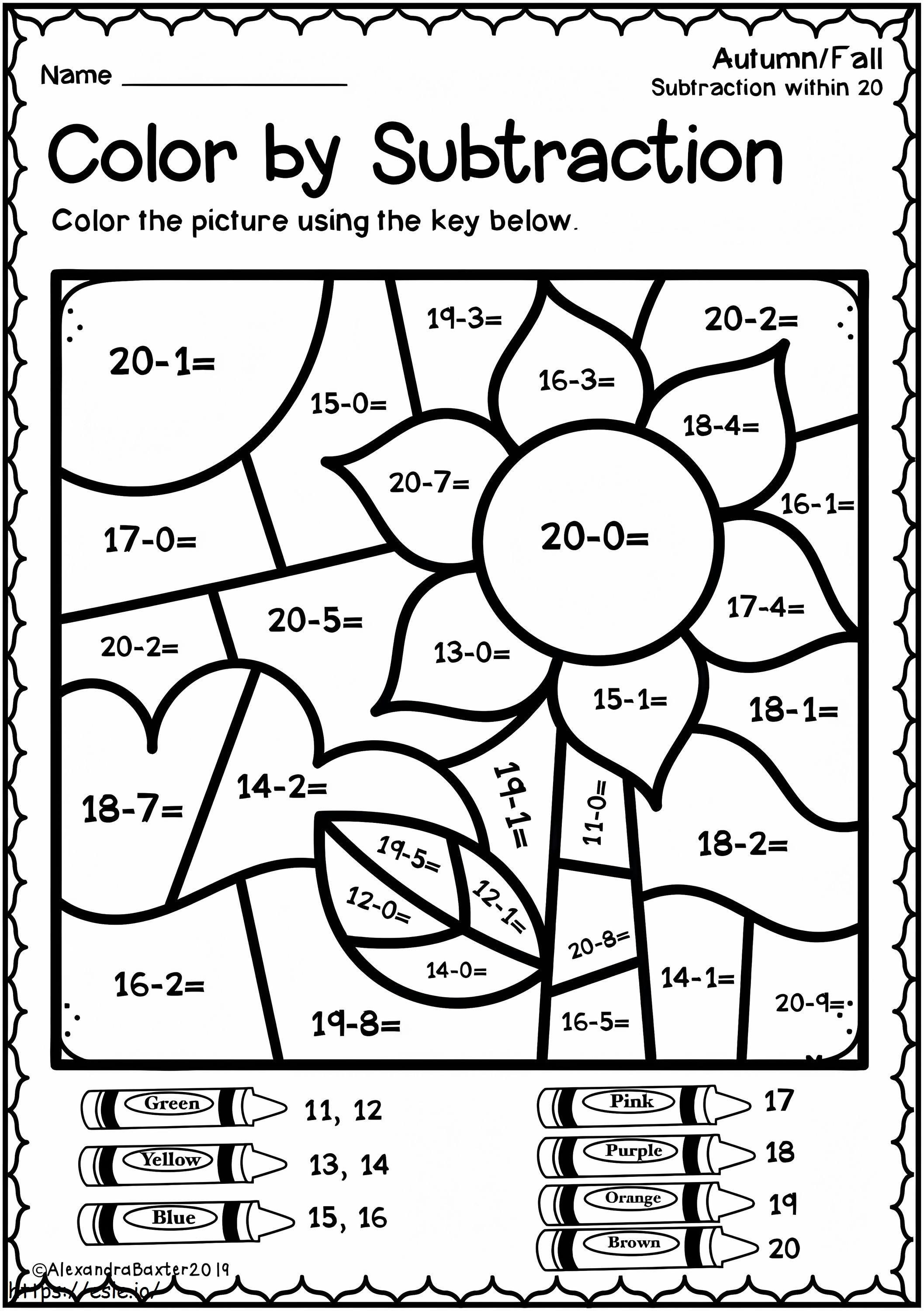 Free subtractn color by number worksheet coloring page