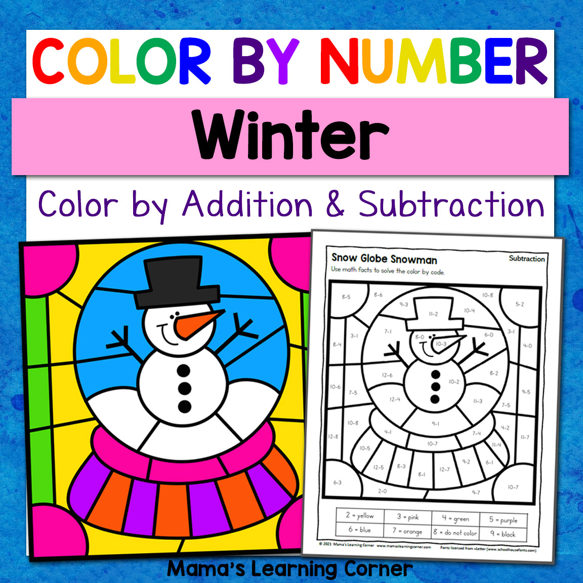 Winter color by addition and subtraction worksheets