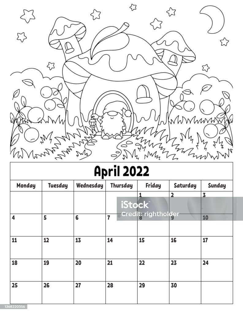 Vertical calendar for with a cute character coloring page for kids week starts on monday isolated vector illustration cartoon style stock illustration