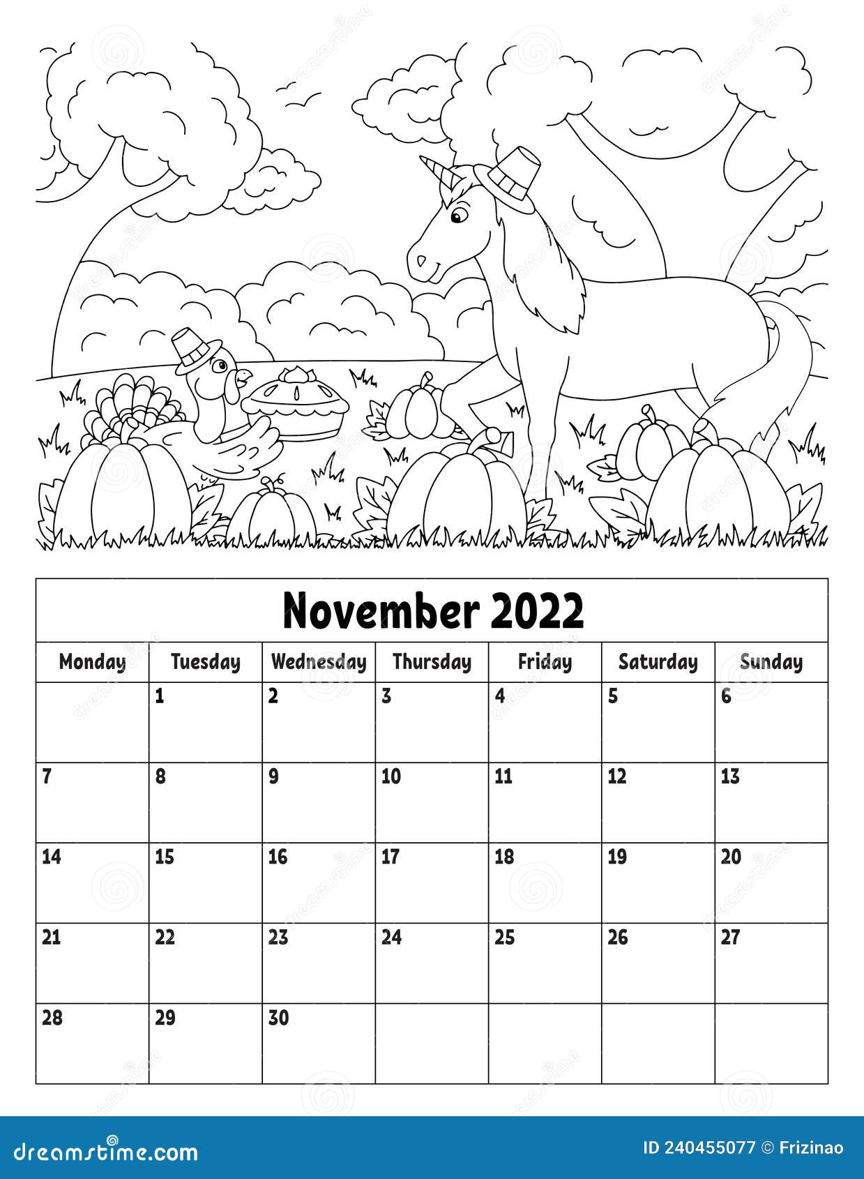 Vertical calendar for with a cute character coloring page for kids week starts on monday isolated vector illustration stock vector